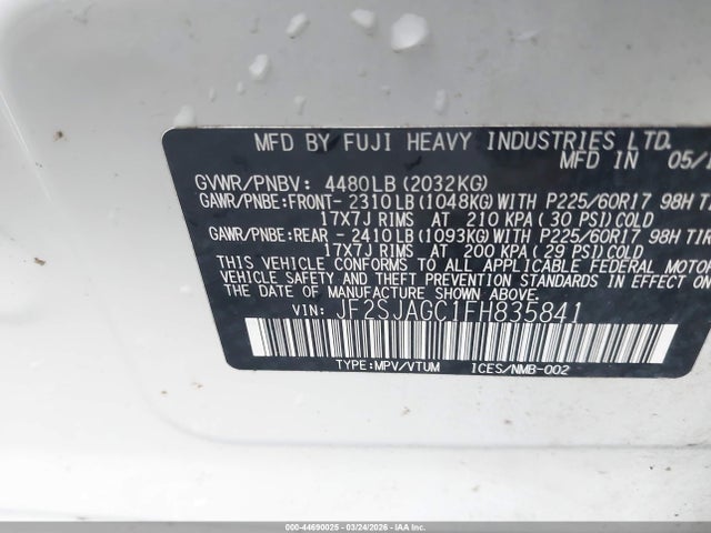 2015 Subaru Forester 2.5i Premium მანქანა იყიდება აუქციონზე, vin: JF2SJAGC1FH835841, აუქციონის ნომერი: 44690025