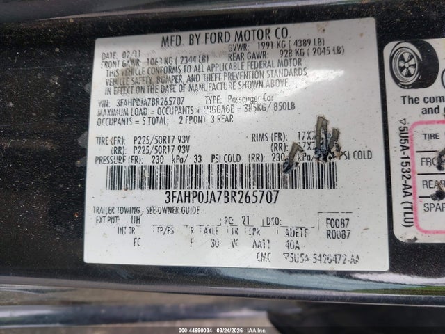Aukcja sprzedaży 2011 Ford Fusion Sel, vin: 3FAHP0JA7BR265707, numer aukcji: 44690034