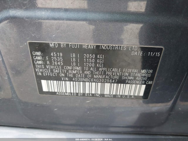 44690074 :رقم المزاد ، 4S3BNBC6XG3025647 vin ، 2016 Subaru Legacy 2.5i Premium مزاد بيع