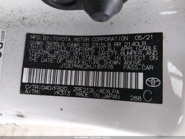 Aukcja sprzedaży 2021 Toyota Corolla Le, vin: JTDEPMAE2MJ189978, numer aukcji: 44690082
