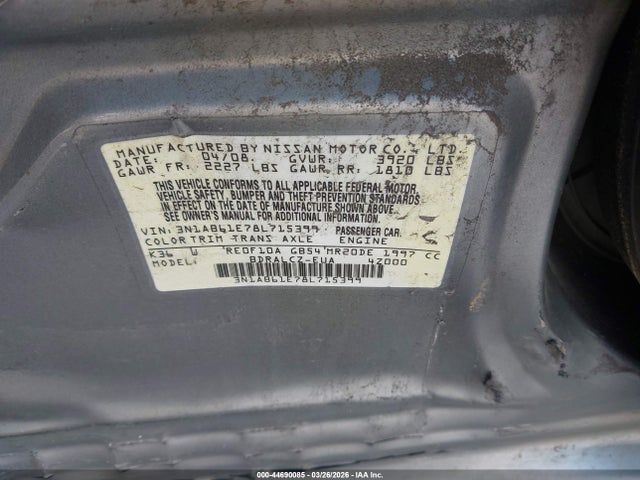 Aukcja sprzedaży 2008 Nissan Sentra 2.0, vin: 3N1AB61E78L715399, numer aukcji: 44690085