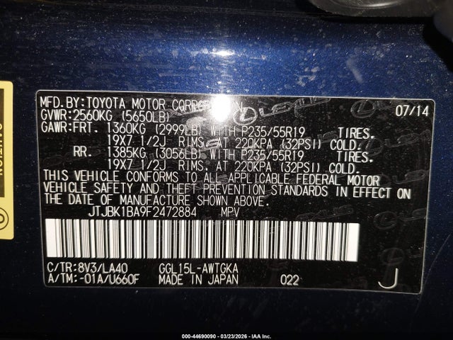 Aukcja sprzedaży 2015 Lexus Rx 350, vin: JTJBK1BA9F2472884, numer aukcji: 44690090