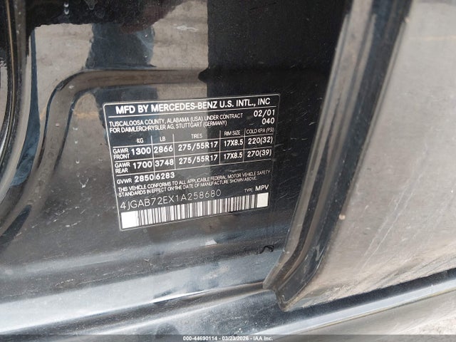 44690114 :رقم المزاد ، 4JGAB72EX1A258680 vin ، 2001 Mercedes-benz Ml 430 مزاد بيع