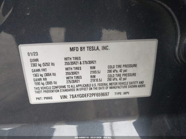 Auction sale of the 2023 Tesla Model Y Performance Dual Motor All-wheel Drive, vin: 7SAYGDEF2PF659697, lot number: 44690118