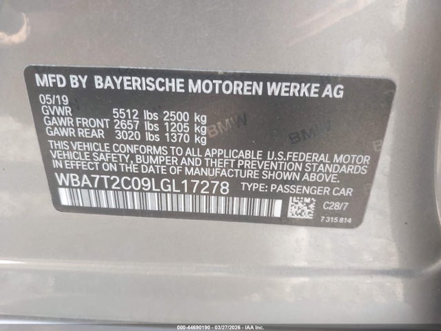 2020 Bmw 740i მანქანა იყიდება აუქციონზე, vin: WBA7T2C09LGL17278, აუქციონის ნომერი: 44690190