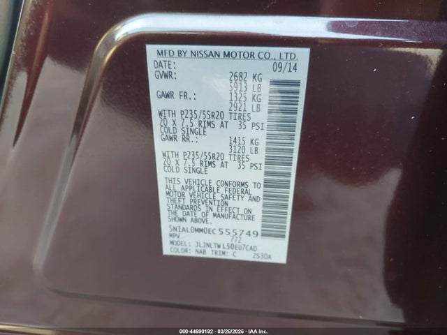 44690192 :رقم المزاد ، 5N1AL0MM0EC555749 vin ، 2014 Infiniti Qx60 مزاد بيع