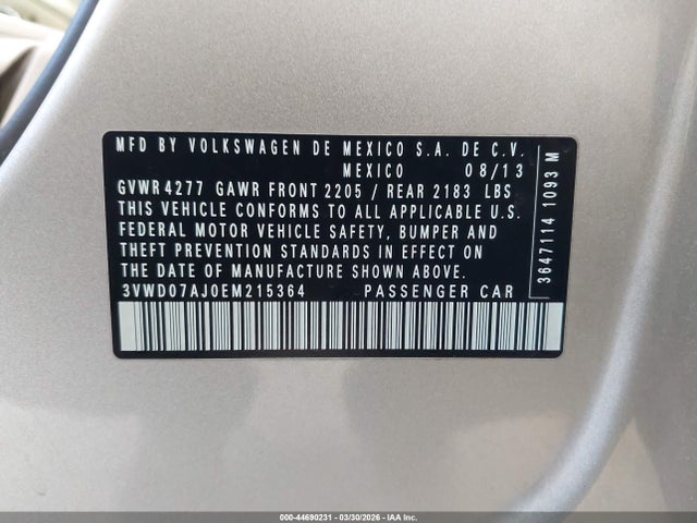 Продаж на аукціоні авто 2014 Volkswagen Jetta 1.8t Se, vin: 3VWD07AJ0EM215364, номер лоту: 44690231