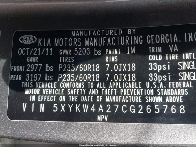 44690246 :رقم المزاد ، 5XYKW4A27CG265768 vin ، 2012 Kia Sorento Sx V6 مزاد بيع