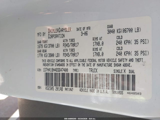 44690280 :رقم المزاد ، 1D7HA18N46S647400 vin ، 2006 Dodge Ram 1500 Slt مزاد بيع