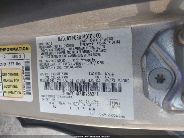 2018 Ford Fusion Se მანქანა იყიდება აუქციონზე, vin: 3FA6P0HD7JR255331, აუქციონის ნომერი: 44690305