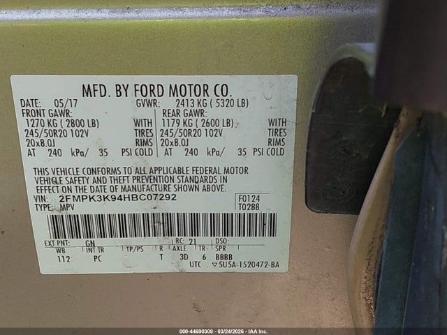 2017 Ford Edge Titanium მანქანა იყიდება აუქციონზე, vin: 2FMPK3K94HBC07292, აუქციონის ნომერი: 44690308