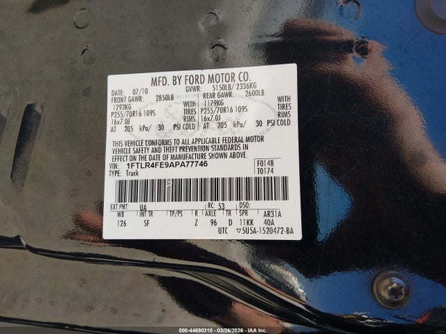 44690310 :رقم المزاد ، 1FTLR4FE9APA77746 vin ، 2010 Ford Ranger Sport مزاد بيع