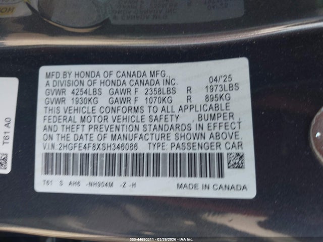 Продажа на аукционе авто 2025 Honda Civic Hybrid Sport/sport Touring, vin: 2HGFE4F8XSH346086, номер лота: 44690311