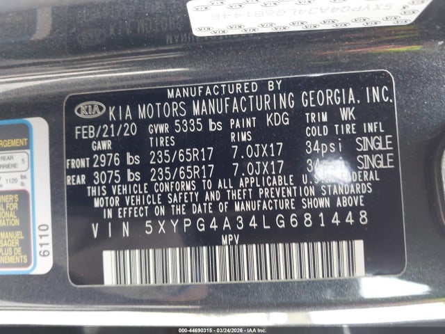 Продажа на аукционе авто 2020 Kia Sorento 2.4l Lx, vin: 5XYPG4A34LG681448, номер лота: 44690315