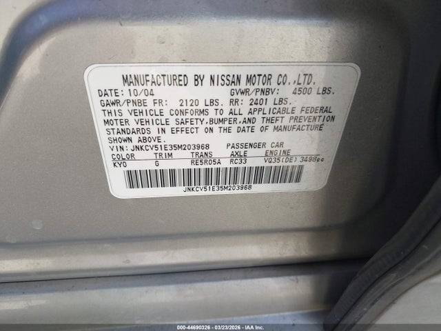 44690326 :رقم المزاد ، JNKCV51E35M203968 vin ، 2005 Infiniti G35 مزاد بيع