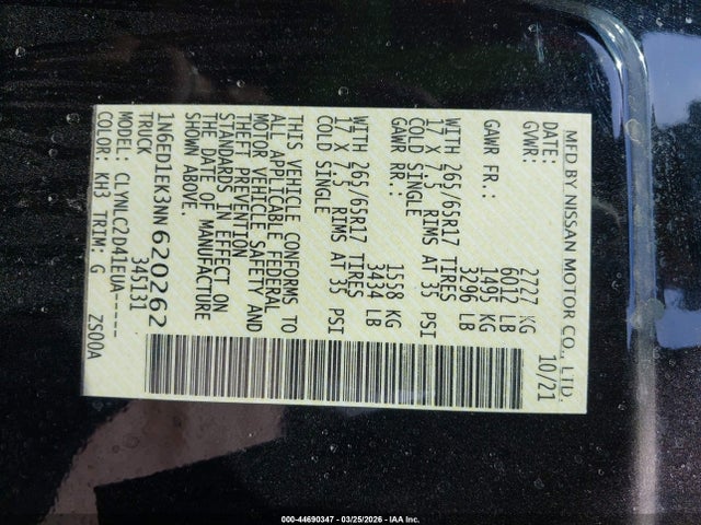 Продаж на аукціоні авто 2022 Nissan Frontier Sv 4x4, vin: 1N6ED1EK3NN620262, номер лоту: 44690347