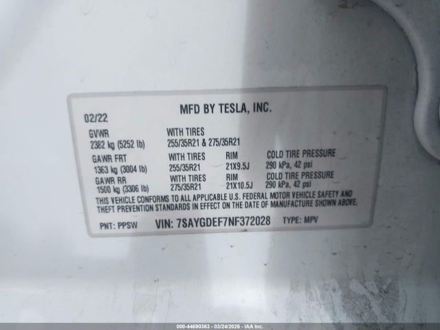 7SAYGDEF7NF372028 Tesla Model Y Performance Dual Motor All-wheel Drive