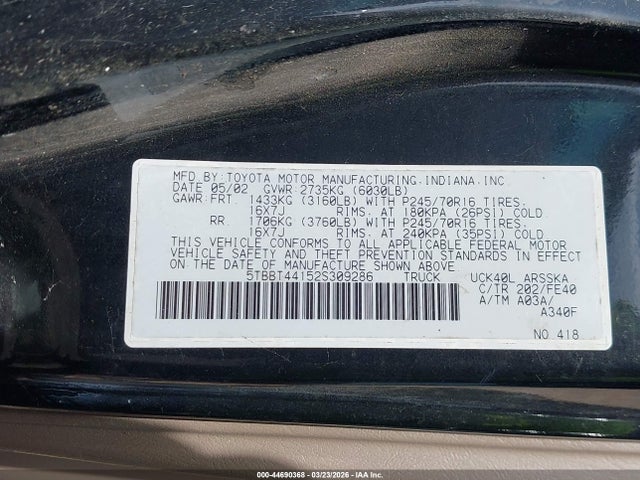 2002 TOYOTA TUNDRA 5TBBT44152S309286 Photo 8