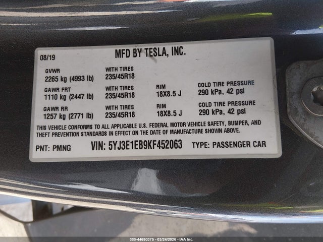 2019 Tesla Model 3 Long Range/performance მანქანა იყიდება აუქციონზე, vin: 5YJ3E1EB9KF452063, აუქციონის ნომერი: 44690375