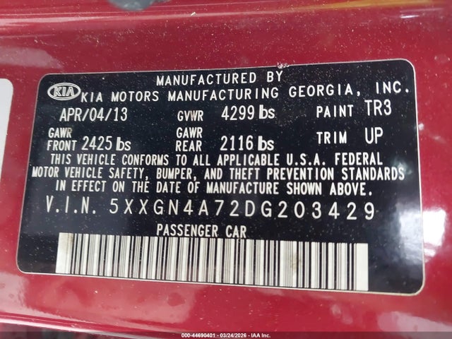 Продаж на аукціоні авто 2013 Kia Optima Ex, vin: 5XXGN4A72DG203429, номер лоту: 44690401