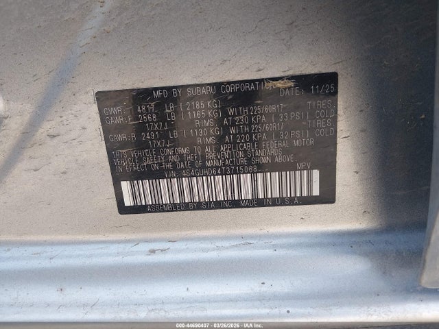 Aukcja sprzedaży 2026 Subaru Crosstrek Premium, vin: 4S4GUHD64T3715068, numer aukcji: 44690407