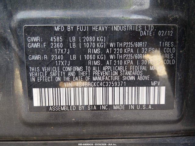 Aukcja sprzedaży 2012 Subaru Outback 2.5i Limited, vin: 4S4BRCKC4C3259371, numer aukcji: 44690424