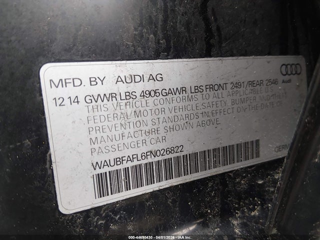 44690430 :رقم المزاد ، WAUBFAFL6FN026822 vin ، 2015 Audi A4 2.0t Premium مزاد بيع