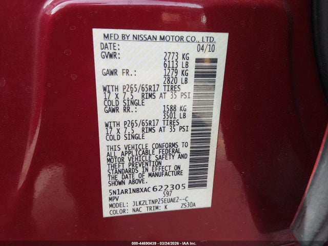 Продаж на аукціоні авто 2010 Nissan Pathfinder Se, vin: 5N1AR1NBXAC622305, номер лоту: 44690439