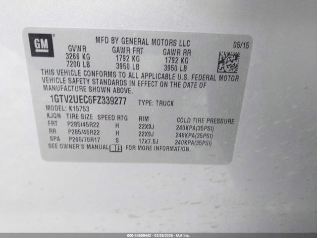 Aukcja sprzedaży 2015 Gmc Sierra 1500 Sle, vin: 1GTV2UEC6FZ339277, numer aukcji: 44690442