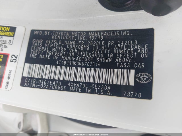 2019 Toyota Camry Se მანქანა იყიდება აუქციონზე, vin: 4T1B11HK3KU702614, აუქციონის ნომერი: 44690447