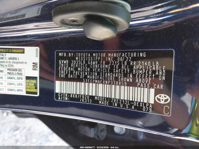 44690477 :رقم المزاد ، 5YFEPMAEXNP338859 vin ، 2022 Toyota Corolla Le مزاد بيع