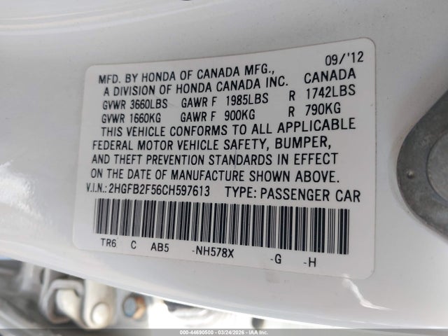 Auction sale of the 2012 Honda Civic Lx, vin: 2HGFB2F56CH597613, lot number: 44690500