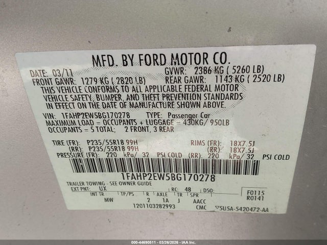 2011 Ford Taurus Sel მანქანა იყიდება აუქციონზე, vin: 1FAHP2EW5BG170278, აუქციონის ნომერი: 44690511