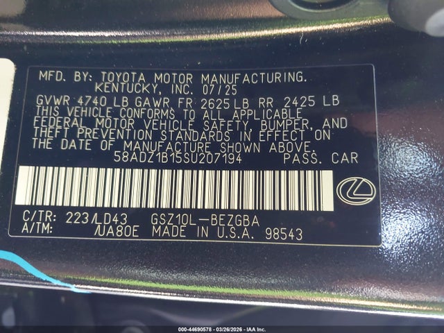 2025 Lexus Es 350 მანქანა იყიდება აუქციონზე, vin: 58ADZ1B15SU207194, აუქციონის ნომერი: 44690578