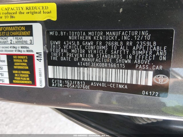 Aukcja sprzedaży 2011 Toyota Camry Le, vin: 4T4BF3EK0BR166115, numer aukcji: 44690582