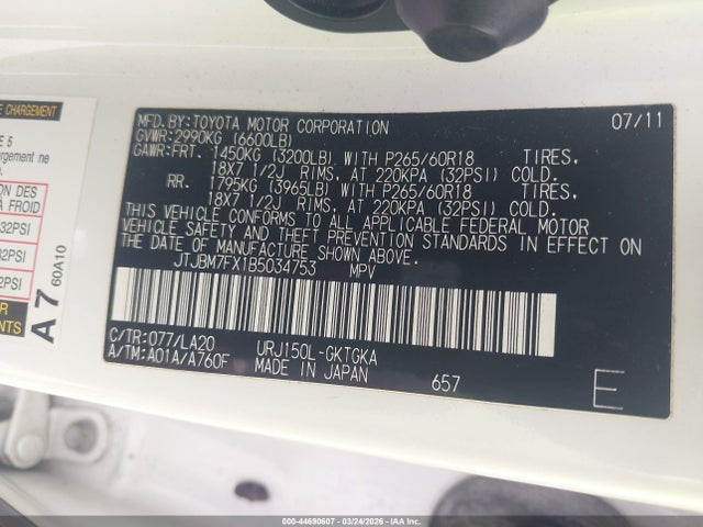 Продаж на аукціоні авто 2011 Lexus Gx 460, vin: JTJBM7FX1B5034753, номер лоту: 44690607