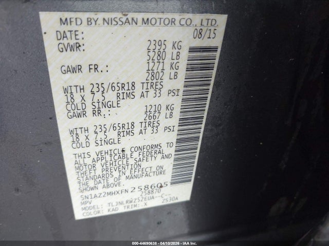 44690638 :رقم المزاد ، 5N1AZ2MHXFN258605 vin ، 2015 Nissan Murano Sl مزاد بيع