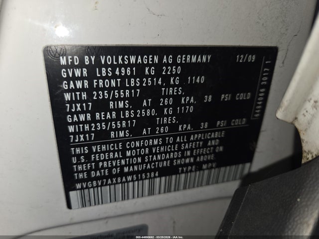 2010 Volkswagen Tiguan Wolfsburg Edition მანქანა იყიდება აუქციონზე, vin: WVGBV7AX8AW515384, აუქციონის ნომერი: 44690692