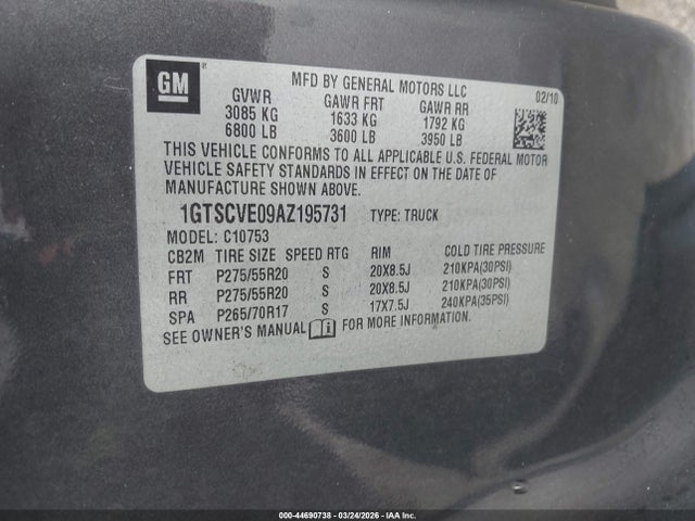 Aukcja sprzedaży 2010 Gmc Sierra 1500 Sle, vin: 1GTSCVE09AZ195731, numer aukcji: 44690738