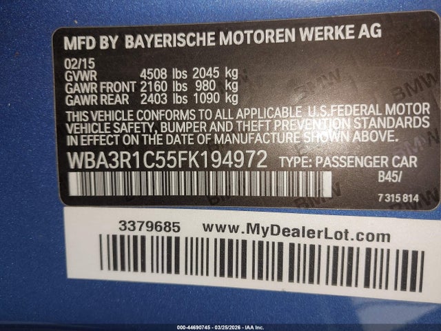 44690745 :رقم المزاد ، WBA3R1C55FK194972 vin ، 2015 Bmw 435i مزاد بيع