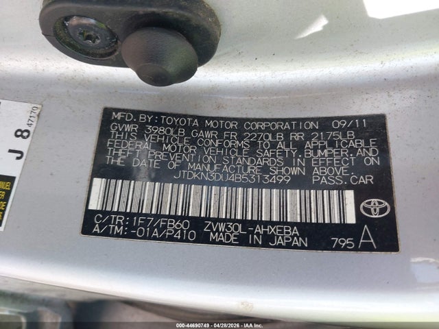 44690749 :رقم المزاد ، JTDKN3DU4B5313499 vin ، 2011 Toyota Prius مزاد بيع
