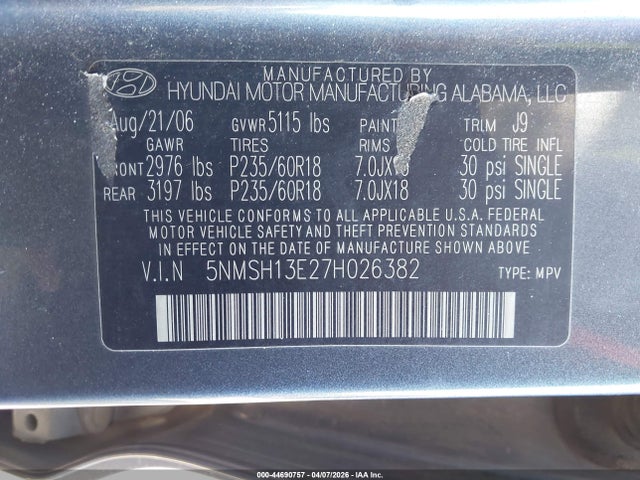 44690757 :رقم المزاد ، 5NMSH13E27H026382 vin ، 2007 Hyundai Santa Fe Limited/se مزاد بيع