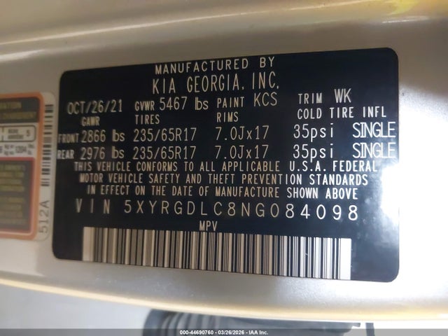 44690760 :رقم المزاد ، 5XYRGDLC8NG084098 vin ، 2022 Kia Sorento Lx مزاد بيع