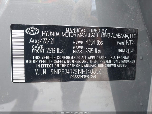 Продажа на аукционе авто 2022 Hyundai Sonata Sel Plus, vin: 5NPEJ4J25NH140856, номер лота: 44690770