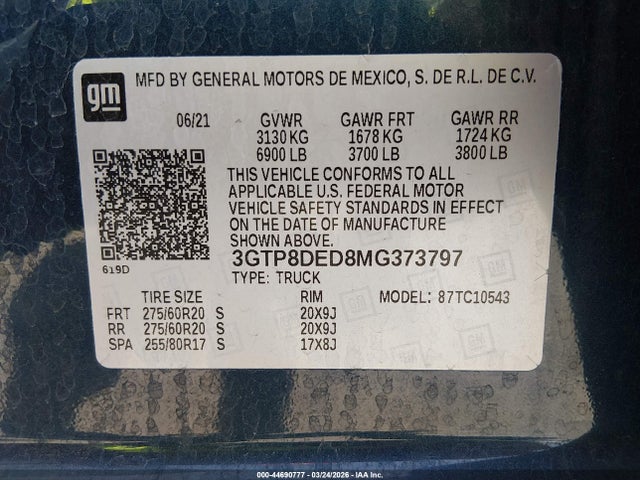 2021 Gmc Sierra 1500 2wd  Short Box Slt მანქანა იყიდება აუქციონზე, vin: 3GTP8DED8MG373797, აუქციონის ნომერი: 44690777