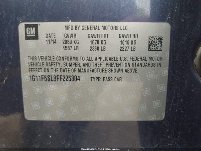 2015 Chevrolet Malibu 1lz მანქანა იყიდება აუქციონზე, vin: 1G11F5SL8FF225384, აუქციონის ნომერი: 44690807