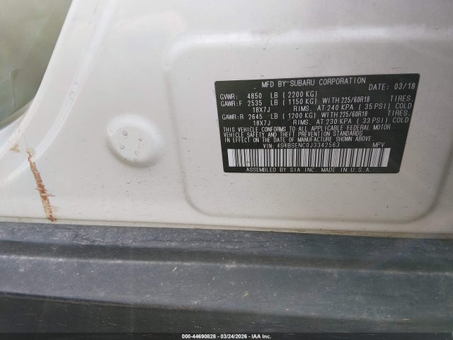 44690828 :رقم المزاد ، 4S4BSENC0J3342563 vin ، 2018 Subaru Outback 3.6r Limited مزاد بيع