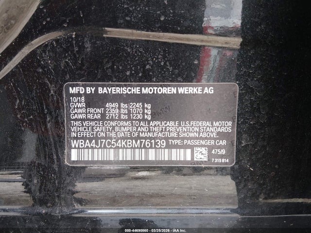 Aukcja sprzedaży 2019 Bmw 440i Gran Coupe Xdrive, vin: WBA4J7C54KBM76139, numer aukcji: 44690860