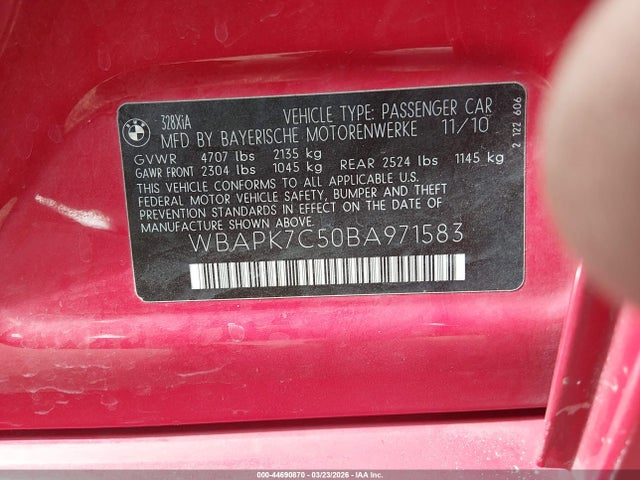 2011 Bmw 328i Xdrive მანქანა იყიდება აუქციონზე, vin: WBAPK7C50BA971583, აუქციონის ნომერი: 44690870