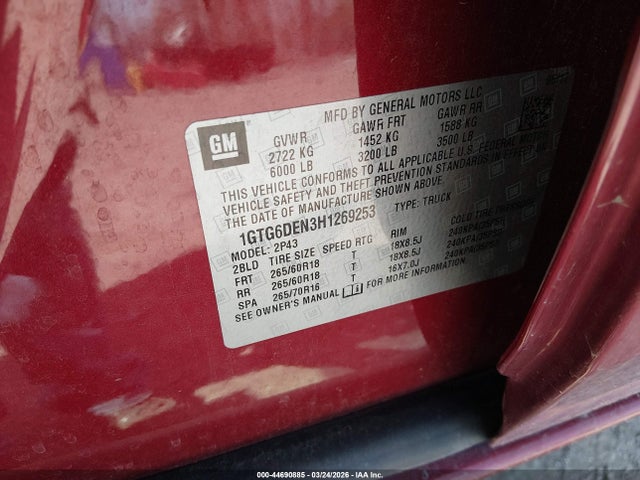 Aukcja sprzedaży 2017 Gmc Canyon Slt, vin: 1GTG6DEN3H1269253, numer aukcji: 44690885